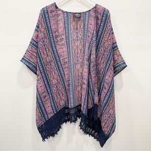 Angie Crochet Lace Trim Printed Kimono Top Size 1X Swim Cover Bohemian